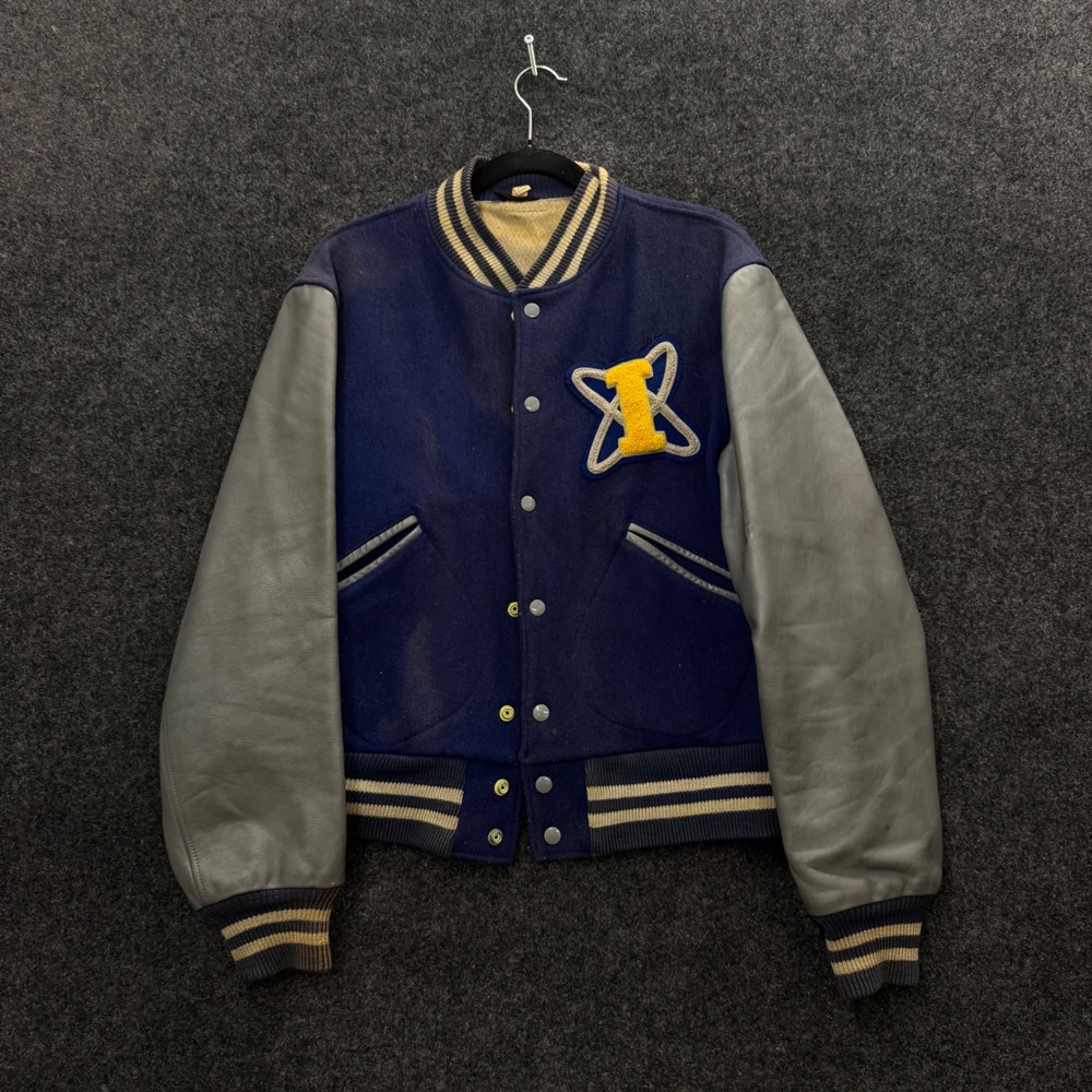 Vintage 1950s Butwin Varsity Jacket Deerskin Leather Wool Science Navy Grey 40